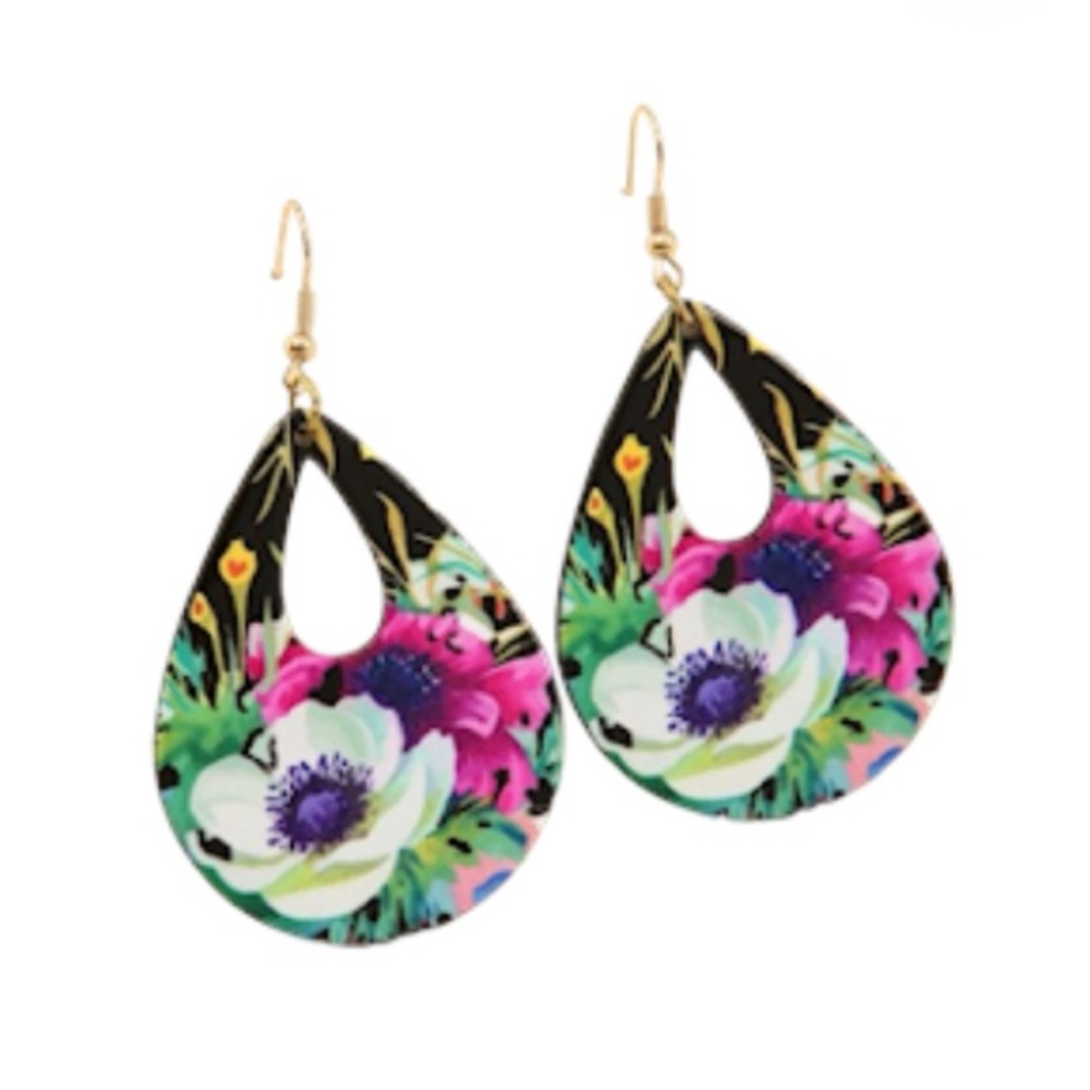 New Artisan Handmade Tropical Paradise Hand Painted Hawaii Floral Gold Earrings - Picture 2 of 16